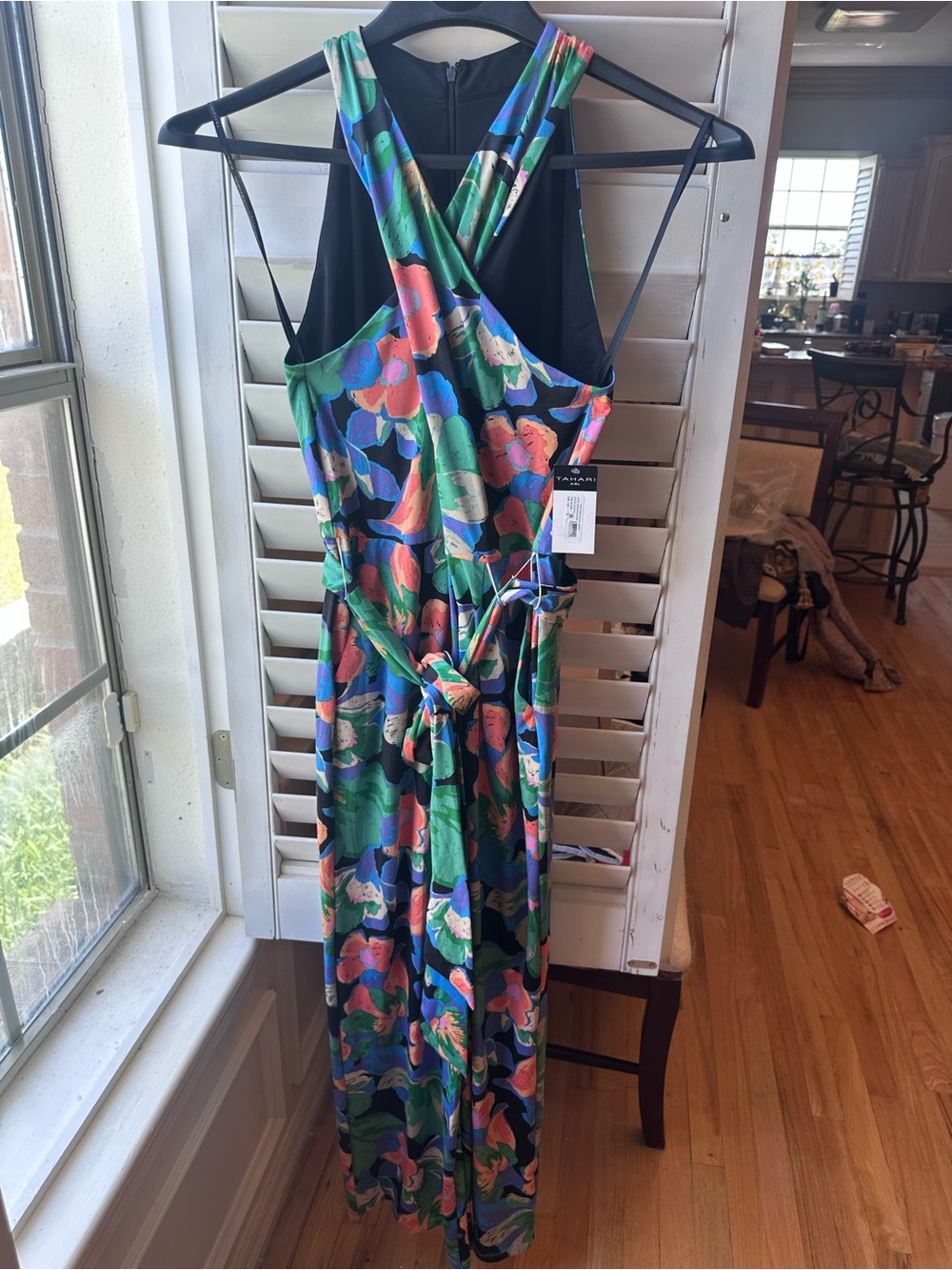 Tahari ASL Green Floral Cross-Back Jumpsuit with Tie Waist